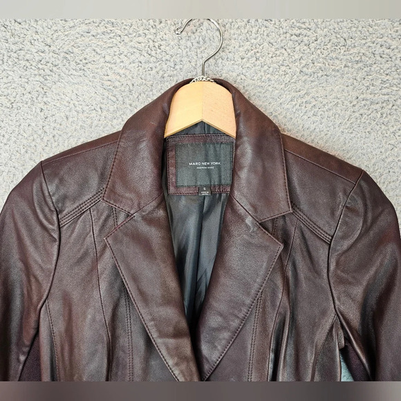 Andrew Marc Leather Jacket Womens Sz S Burgundy Butter Soft Tie & Button - Picture 3 of 16